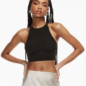 Aritzia Babaton Stefano Sculpt Knit Black Crop Top High Neck Ribbed Tank XS